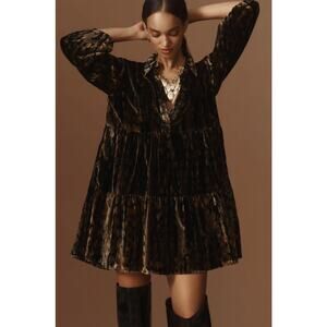 ANTHROPOLOGIE x MAEVE Bettina Tiered Shirt Dress Velvet Gold Sz L $160 {3Z7}